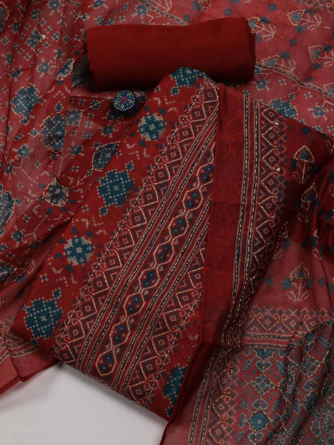 

Meena Bazaar Printed Chanderi Unstitched Dress Material, Maroon