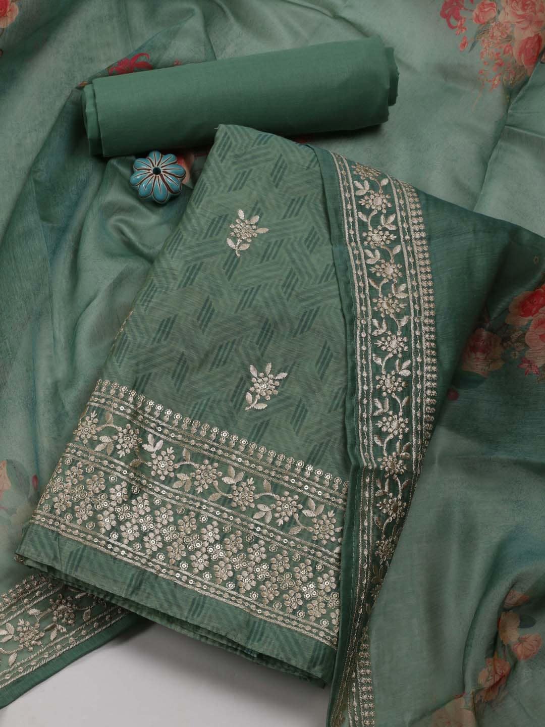 

Meena Bazaar Printed Chanderi Unstitched Dress Material, Green