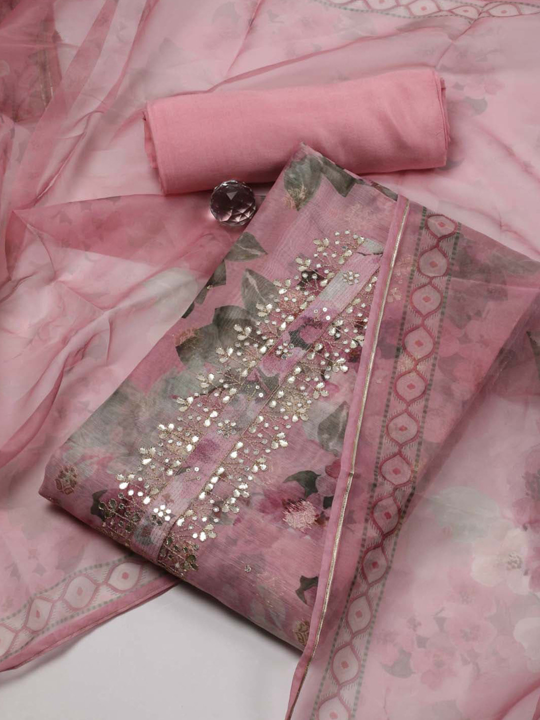 

Meena Bazaar Printed Chanderi Unstitched Dress Material, Pink