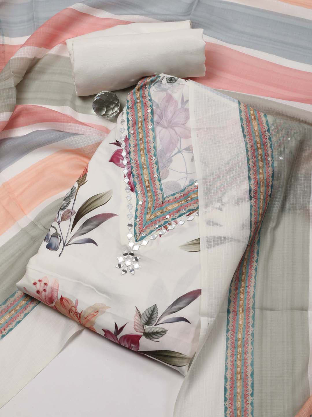 

Meena Bazaar Floral Printed Unstitched Dress Material, White