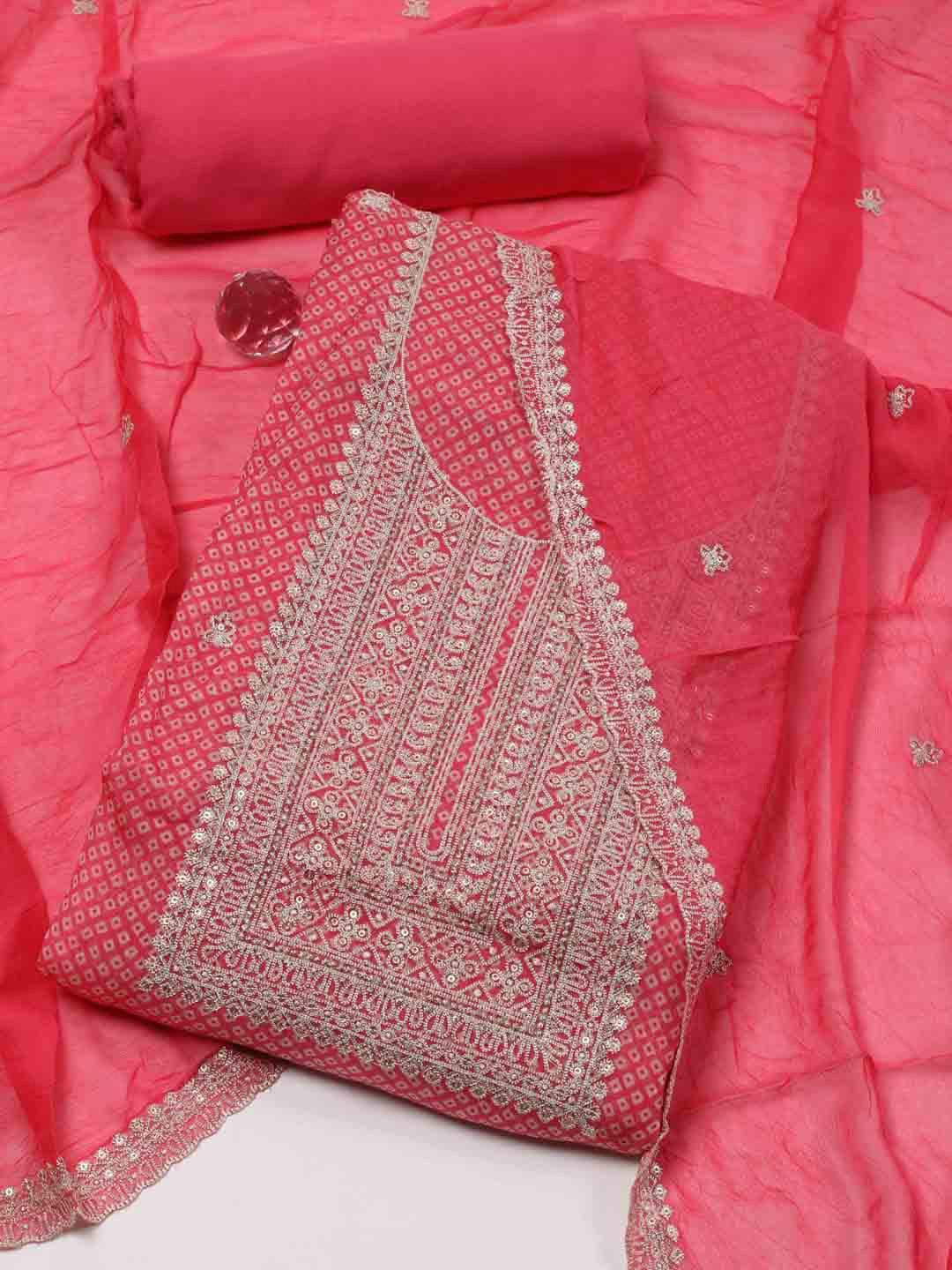 

Meena Bazaar Geometric Printed Organza Unstitched Dress Material, Pink