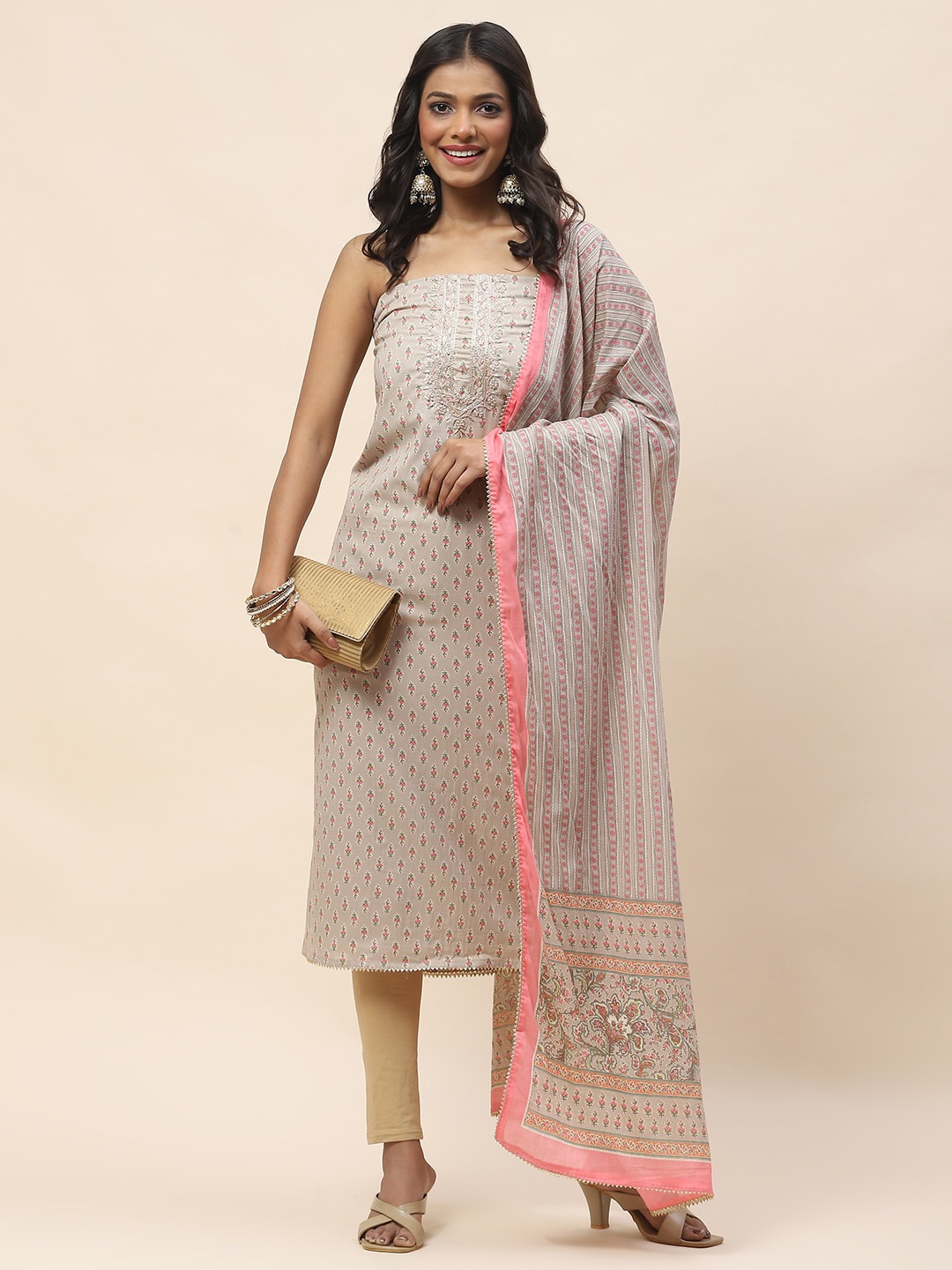 

Meena Bazaar Floral Printed Unstitched Dress Material, Beige