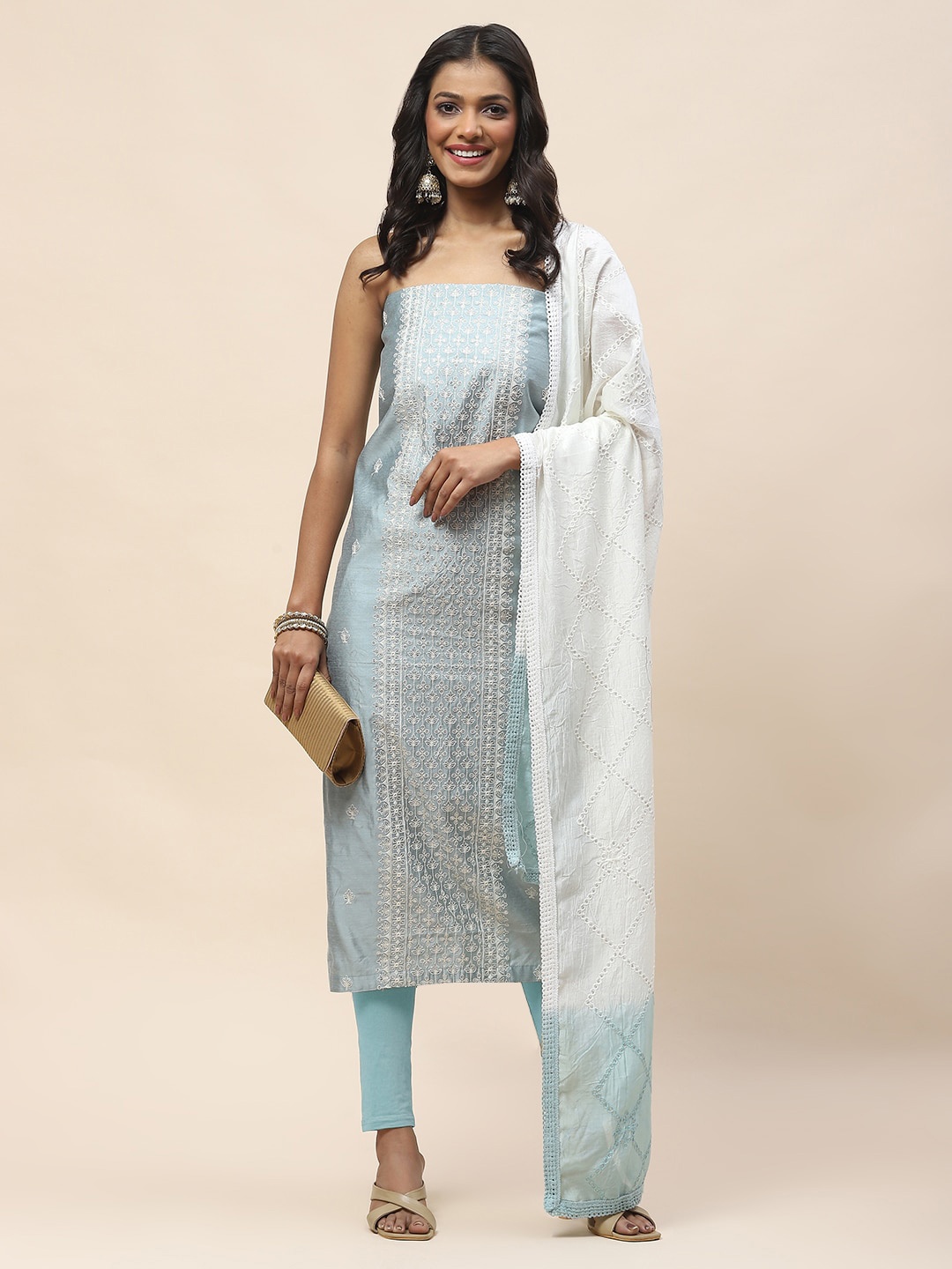 

Meena Bazaar Floral Embroidered Art Silk Unstitched Dress Material, Blue
