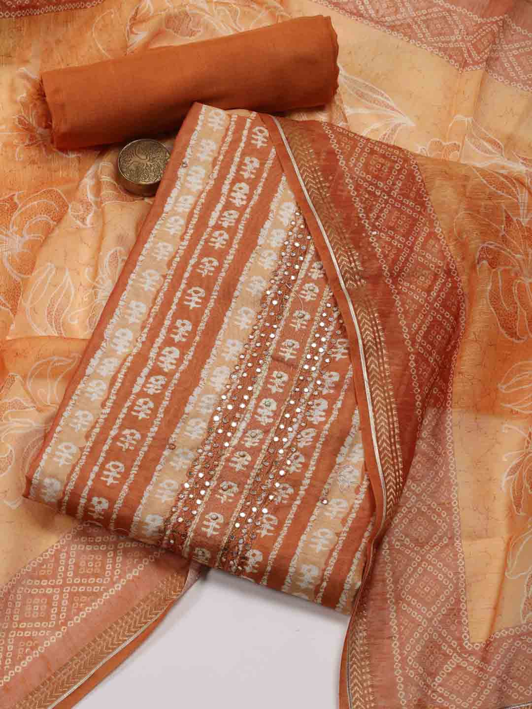 

Meena Bazaar Floral Printed Art Silk Unstitched Dress Material, Rust