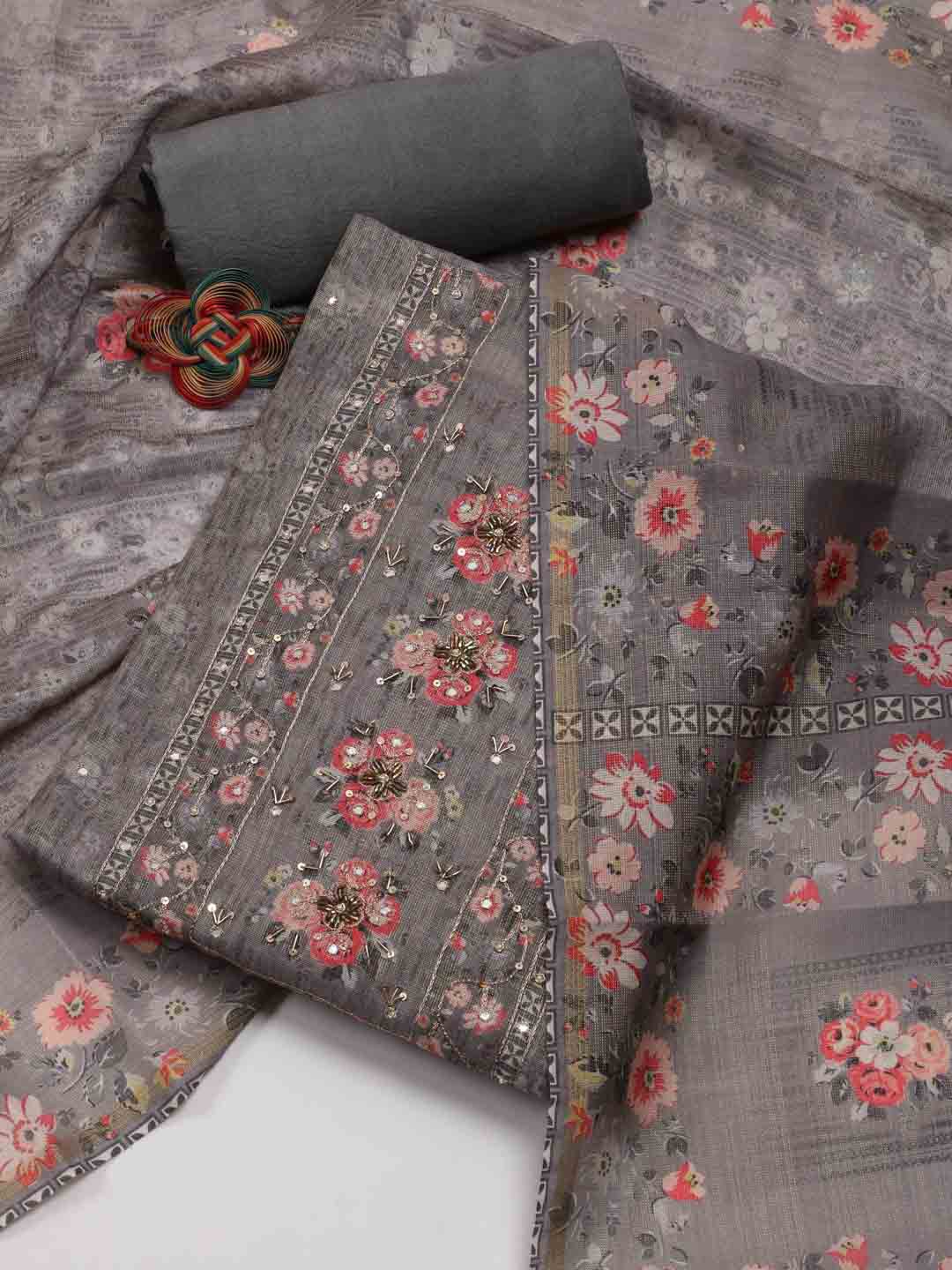

Meena Bazaar Floral Printed Art Silk Unstitched Dress Material, Grey