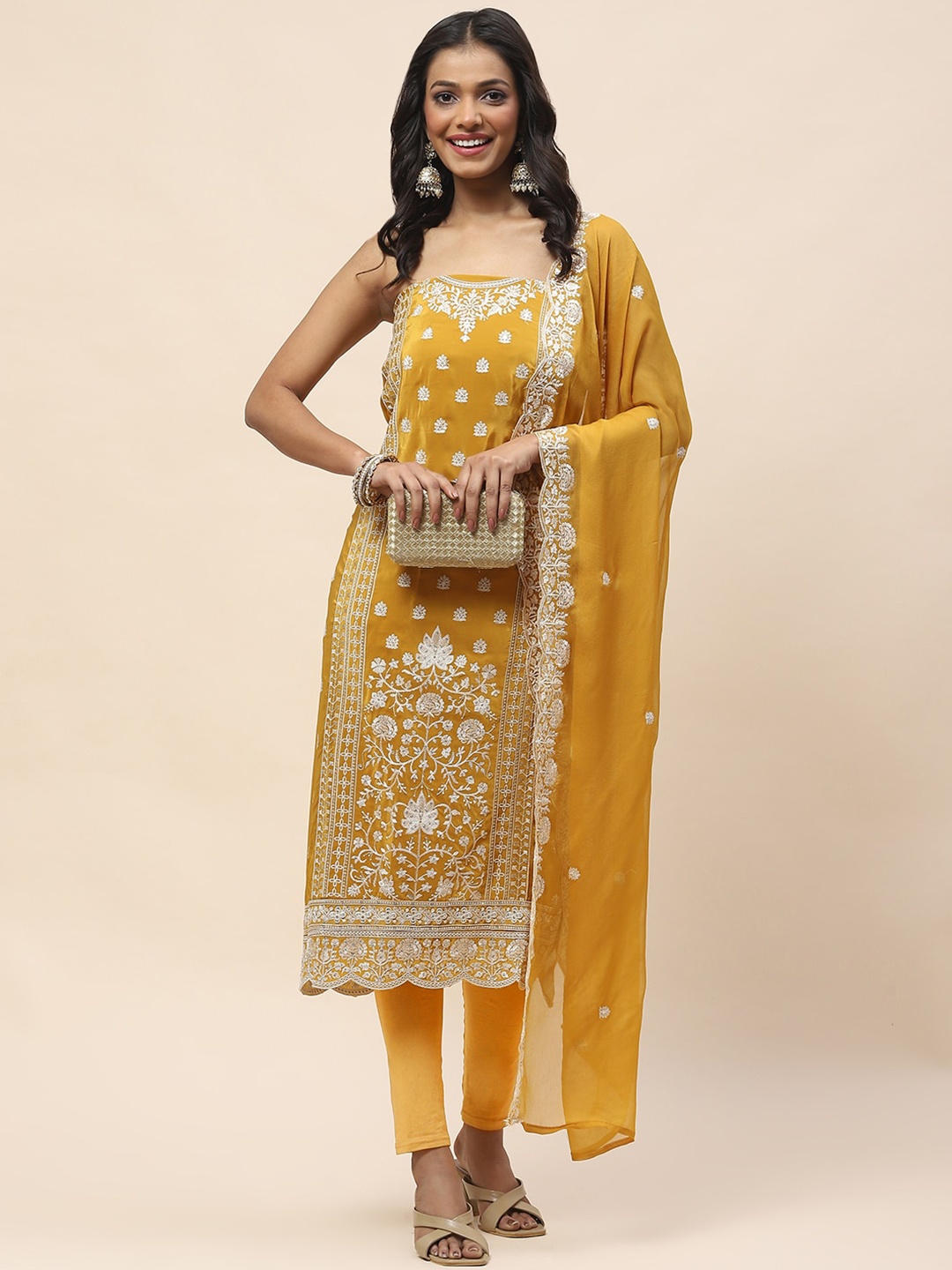 

Meena Bazaar Embroidered Unstitched Dress Material, Mustard