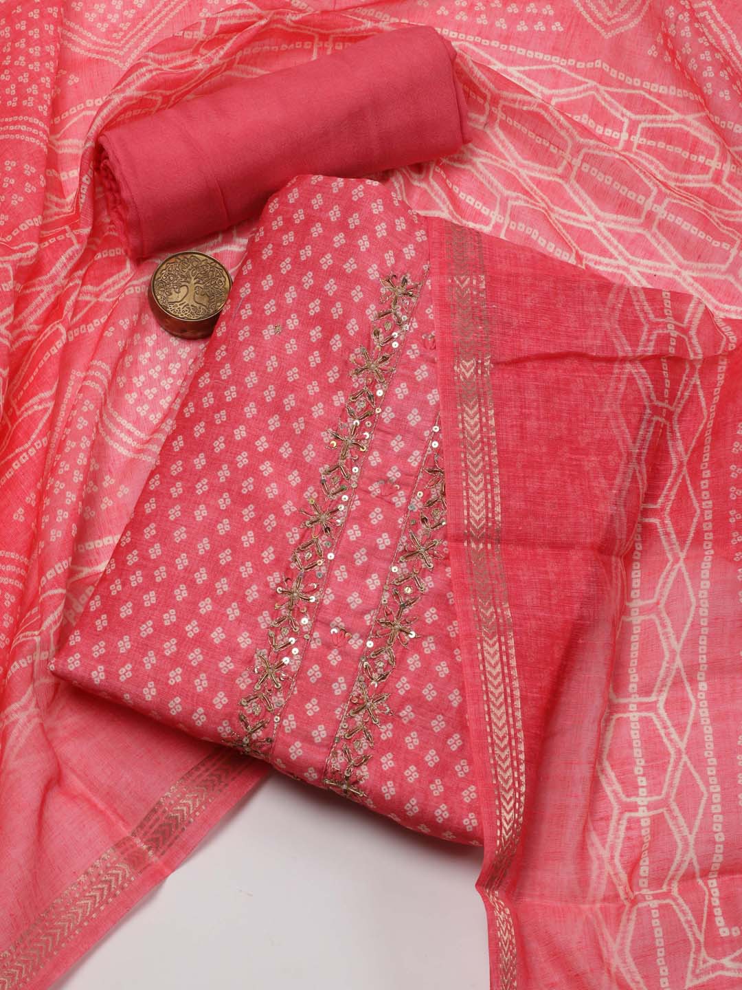 

Meena Bazaar Printed Art Silk Unstitched Dress Material, Coral