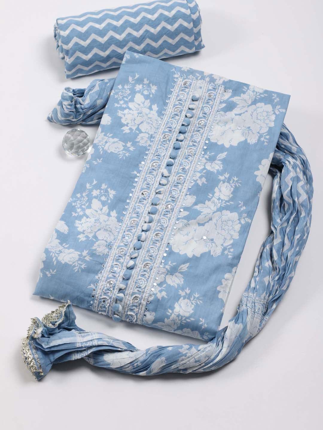 

Meena Bazaar Floral Printed Unstitched Dress Material, Blue