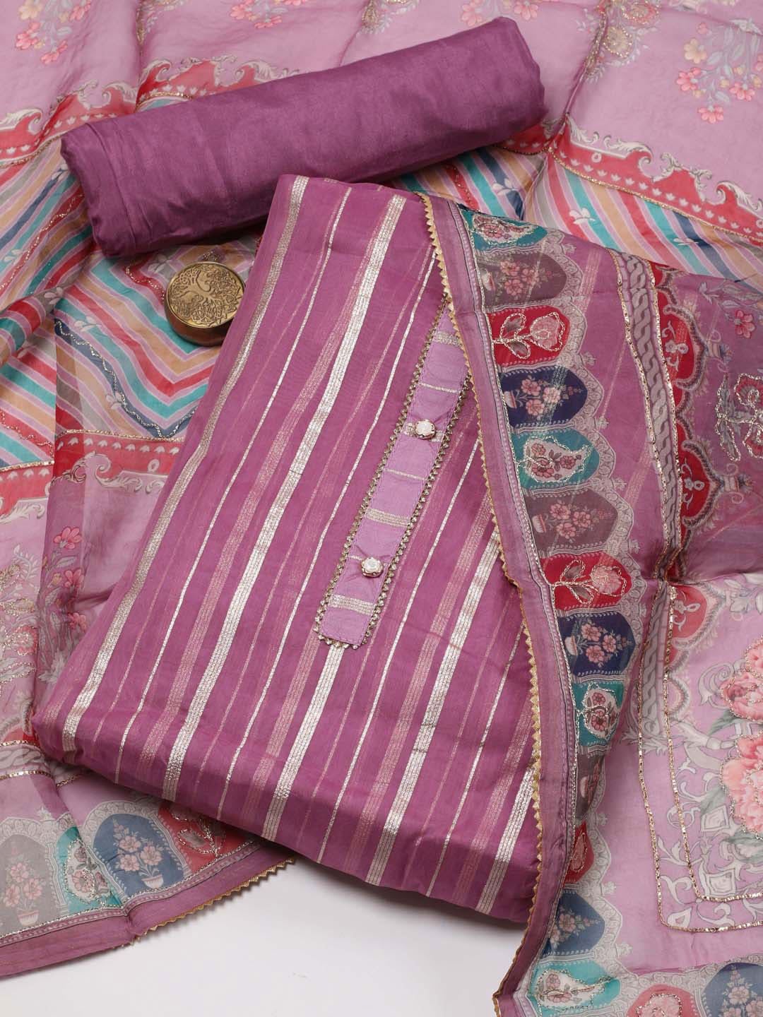 

Meena Bazaar Striped Organza Unstitched Dress Material, Purple