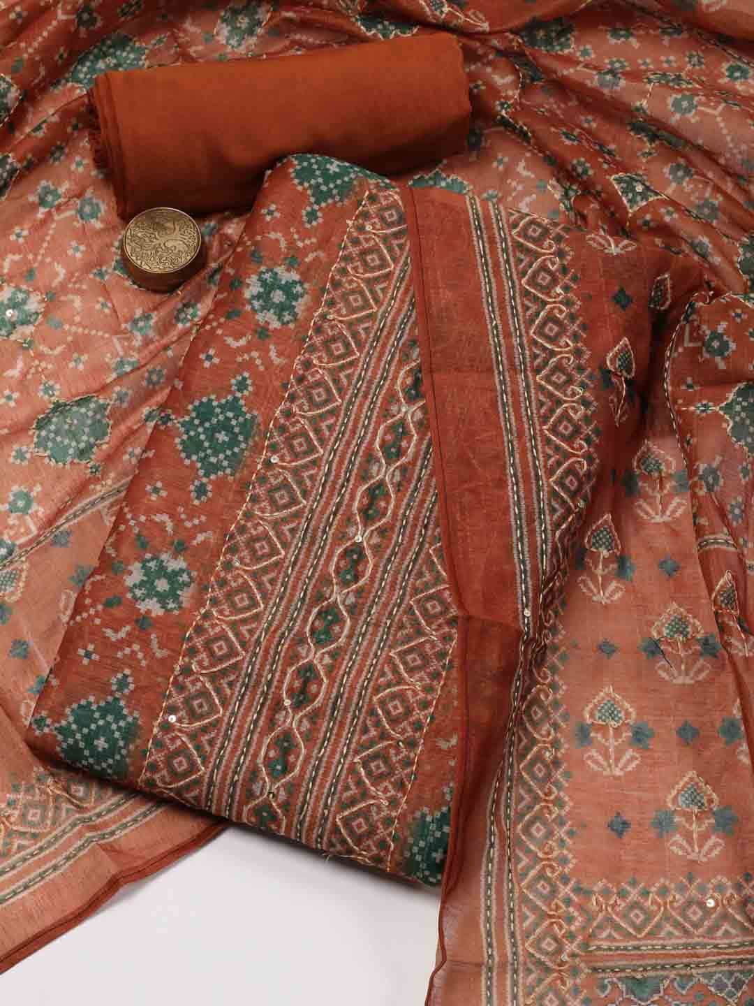 

Meena Bazaar Ethnic Motifs Printed Art Silk Dress Material, Rust