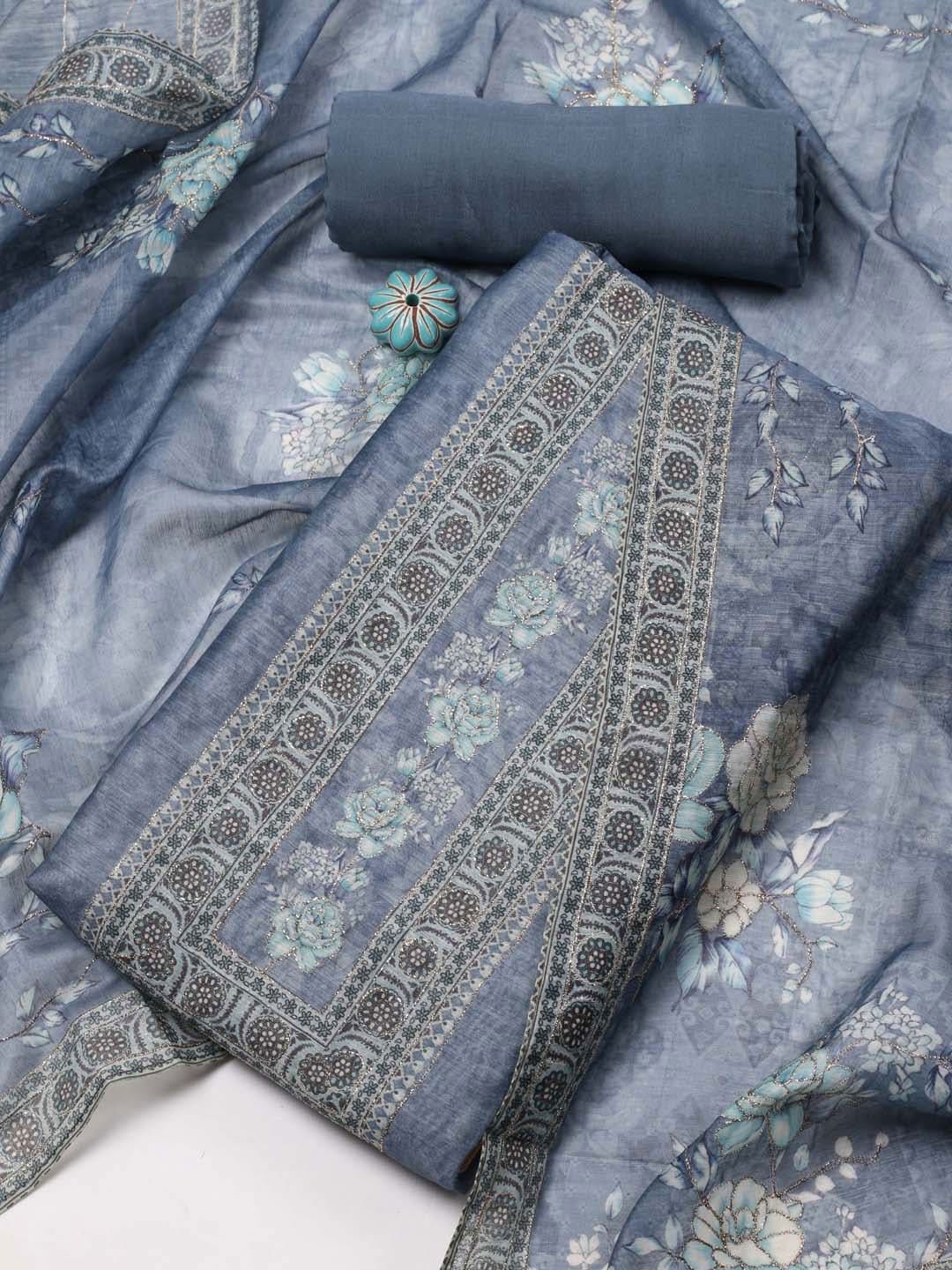 

Meena Bazaar Ethnic Motifs Printed Art Silk Unstitched Dress Material, Blue