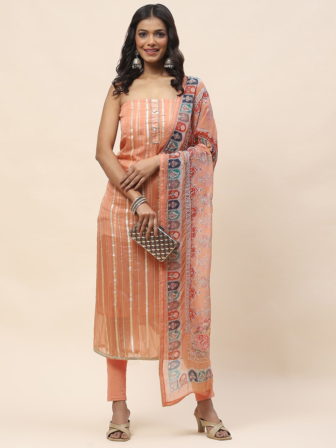 

Meena Bazaar Striped Woven Design Organza Unstitched Dress Material, Peach