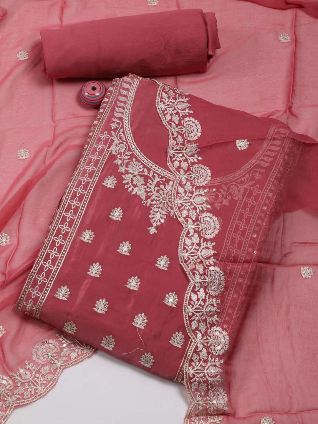 

Meena Bazaar Floral Embroidered Unstitched Dress Material, Pink