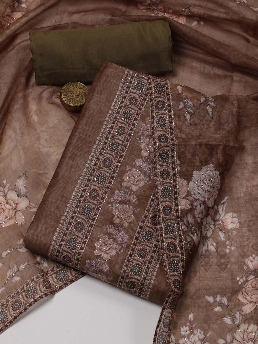 

Meena Bazaar Floral Printed Unstitched Dress Material, Brown