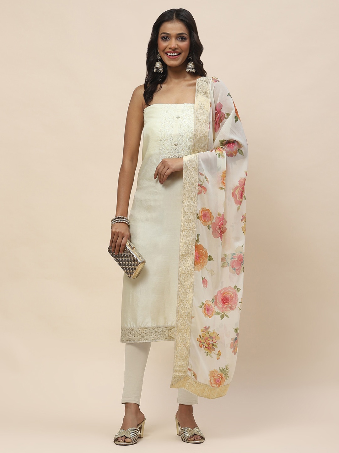 

Meena Bazaar Embroidered Beads & Stones Unstitched Dress Material, Cream