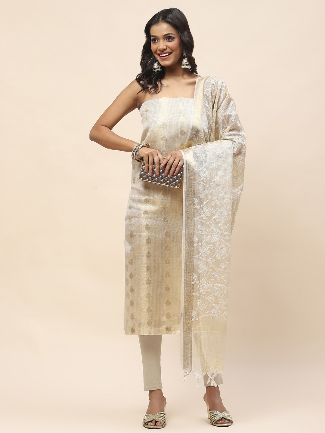 

Meena Bazaar Art Silk Unstitched Dress Material, Beige