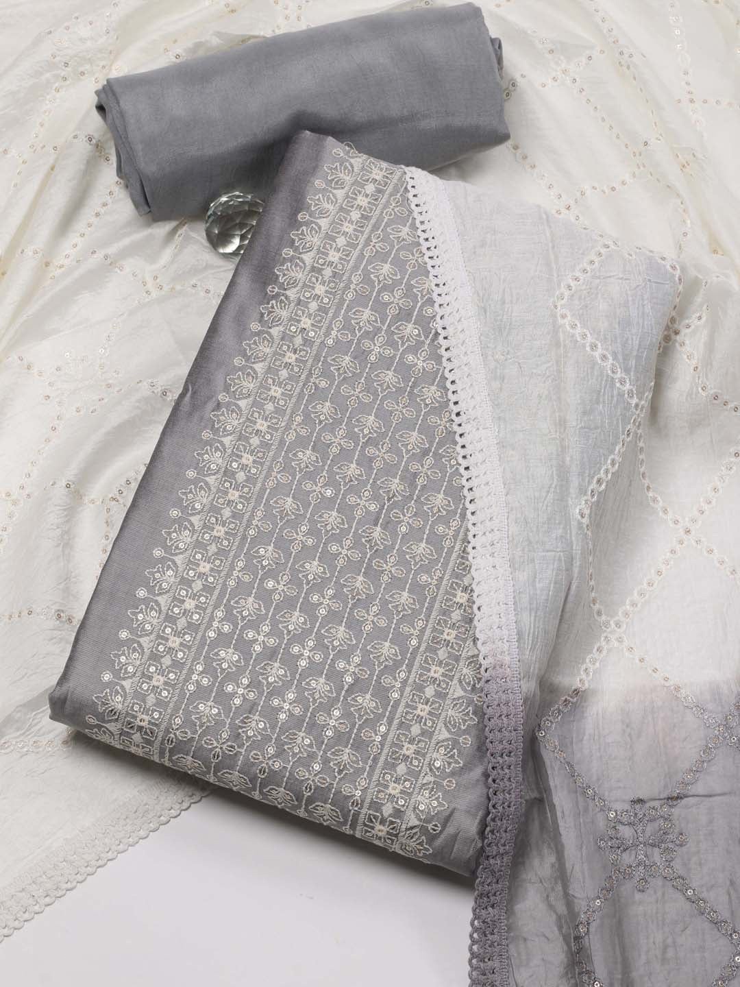 

Meena Bazaar Ethnic Motifs Embroidered Unstitched Dress Material, Grey