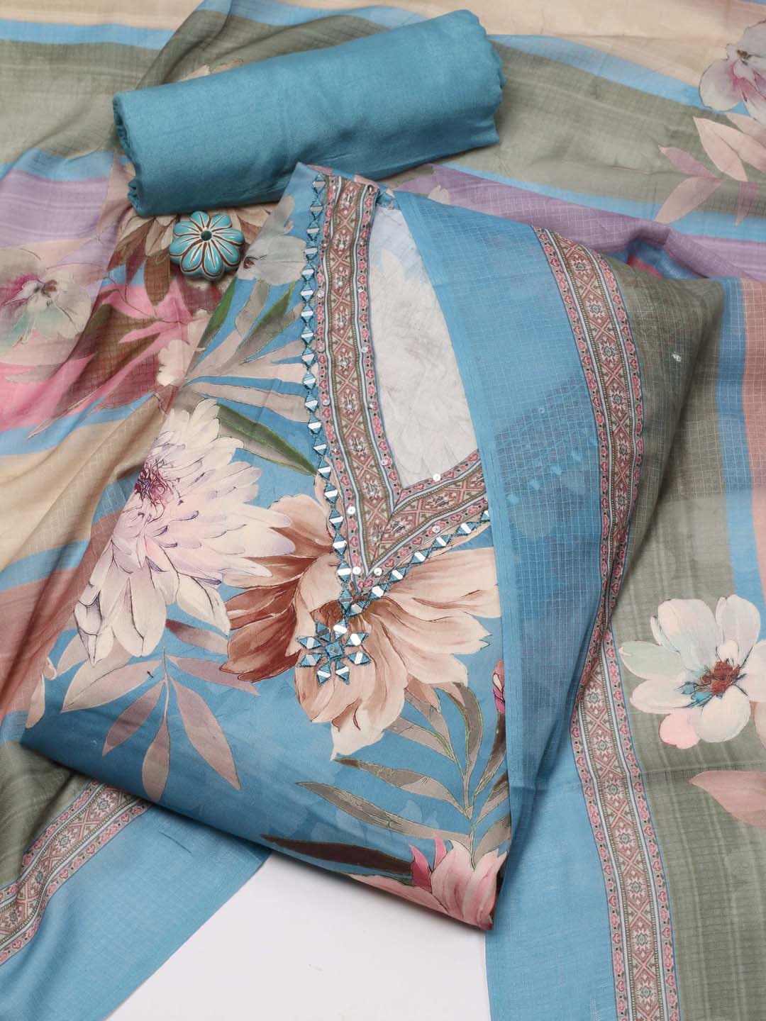 

Meena Bazaar Floral Printed Unstitched Dress Material, Blue