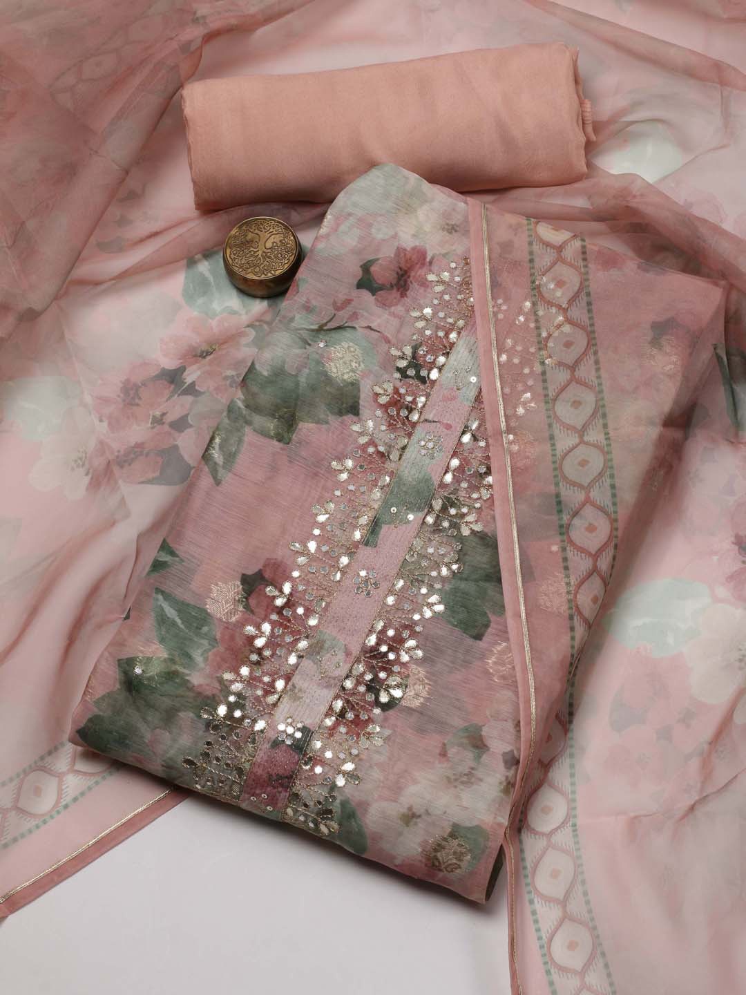 

Meena Bazaar Floral Printed Unstitched Dress Material, Peach