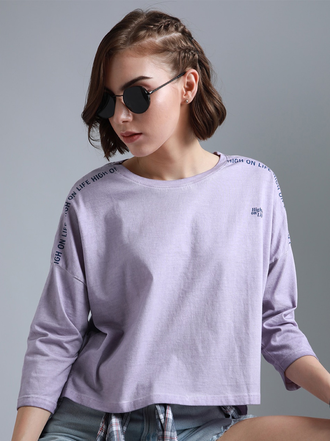 

High Star Typography Printed Round Neck Drop-Shoulder Sleeves Cotton Boxy T-shirt, Purple