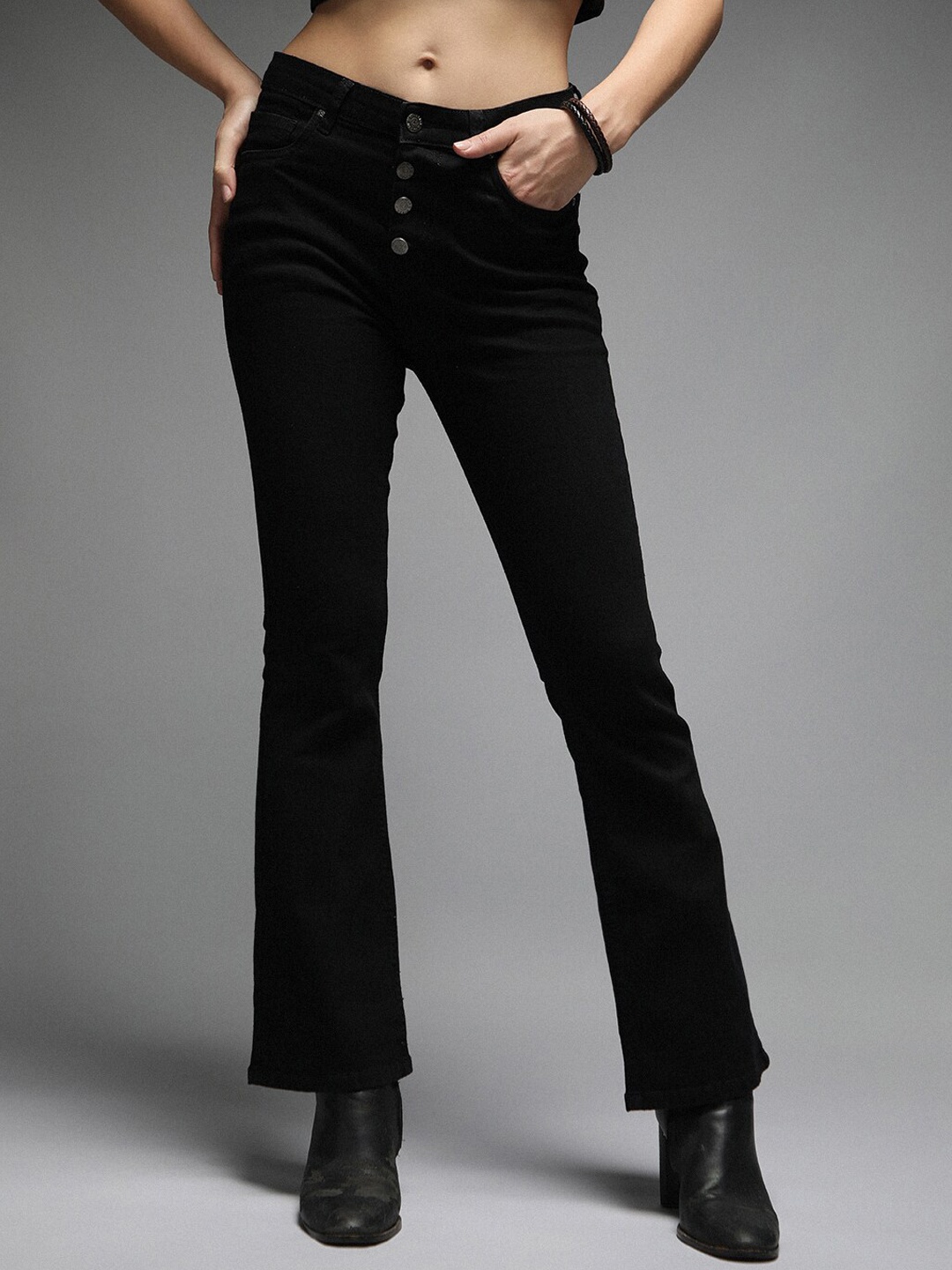 

High Star Women Bootcut High-Rise Clean Look Cotton Jeans, Black