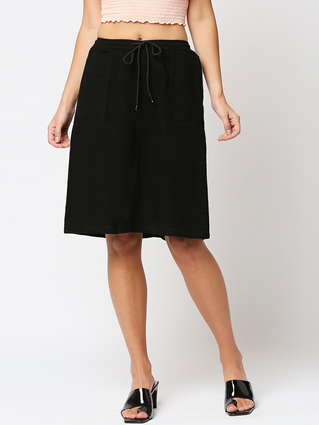 

High Star Knee Length Pure Cotton A-Line Skirt, Black