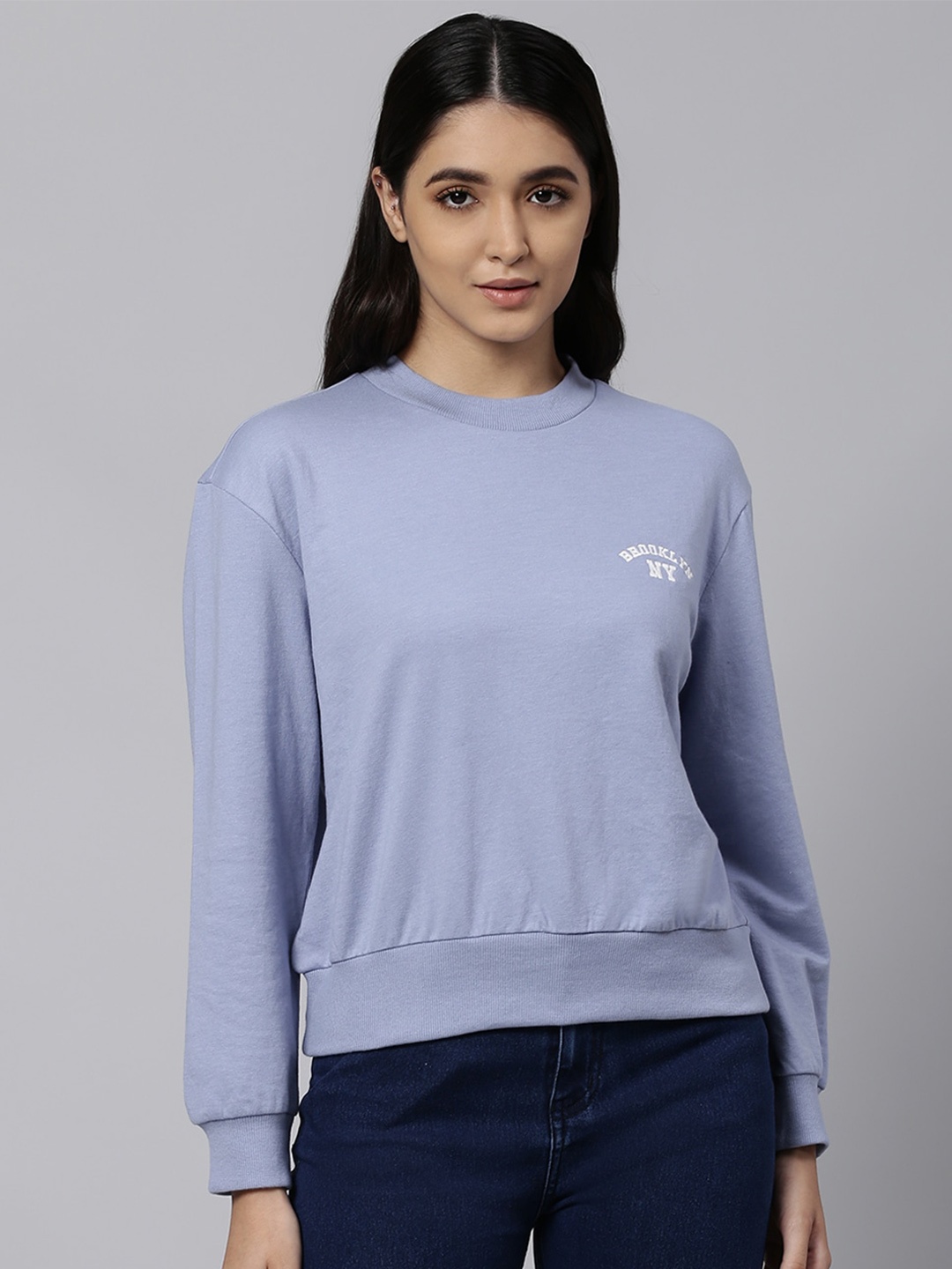 

High Star Round Neck Long Sleeves Pullover Sweatshirt, Blue