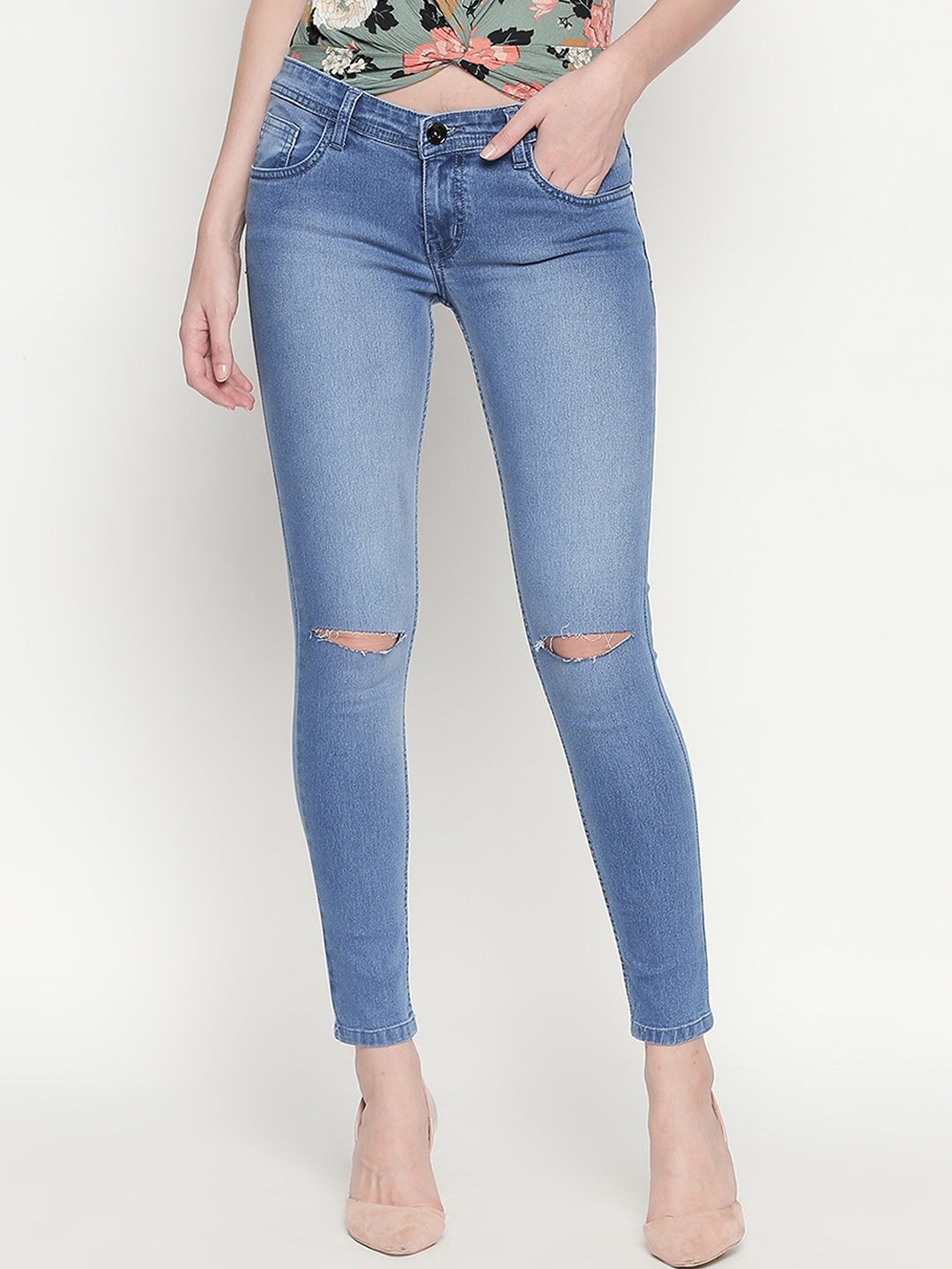 

High Star Women Slim Fit High-Rise Slash Knee Stretchable Cropped Jeans, Blue