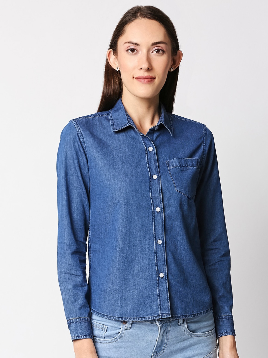 

High Star Standard Spread Collar Long Sleeves Denim Casual Shirt, Blue