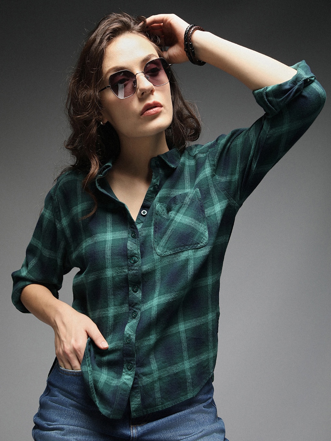

High Star Standard Tartan Checks Spread Collar Long Sleeves Cotton Casual Shirt, Green