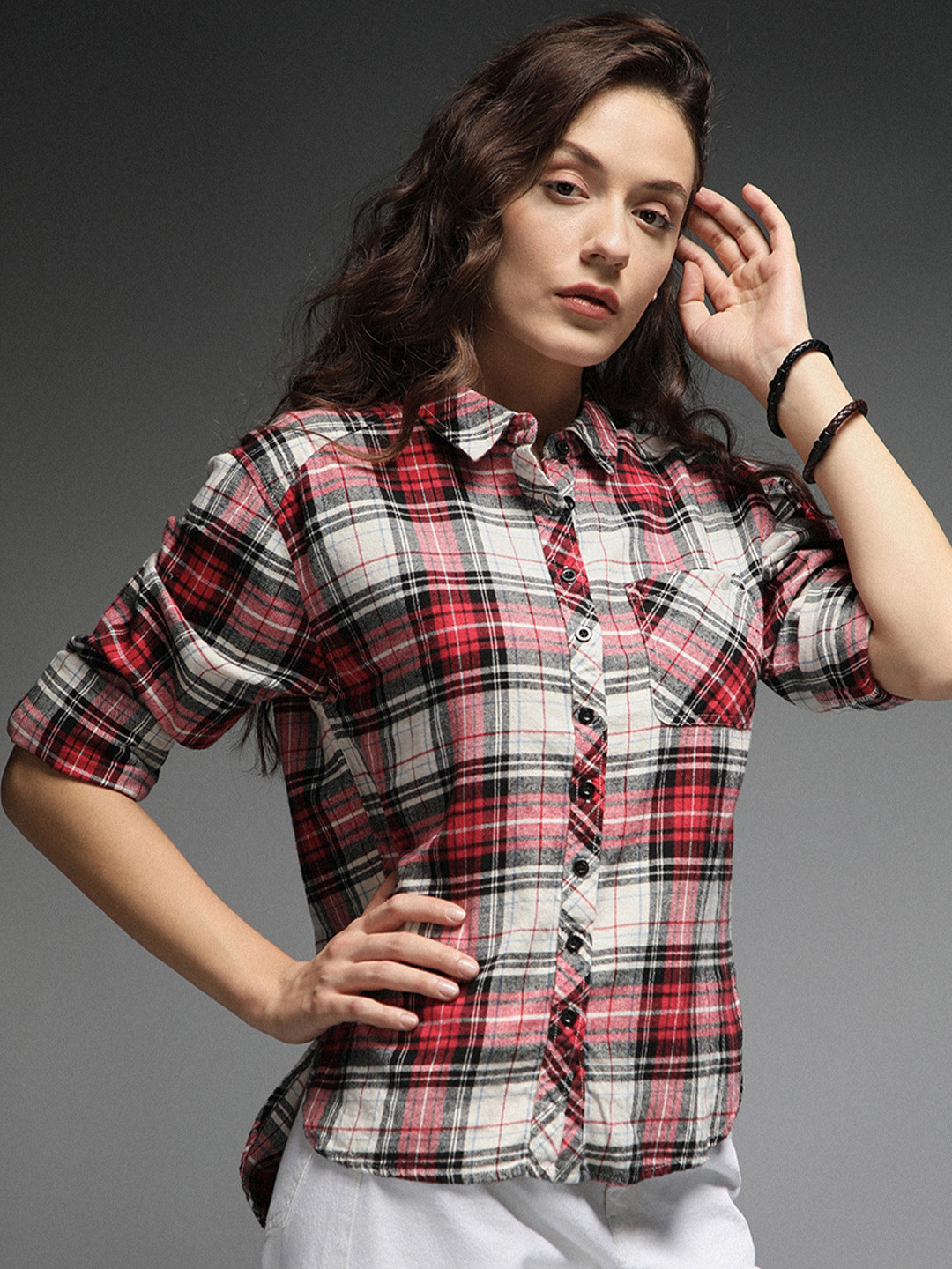 

High Star Standard Tartan Checks Spread Collar Long Sleeves Cotton Casual Shirt, White