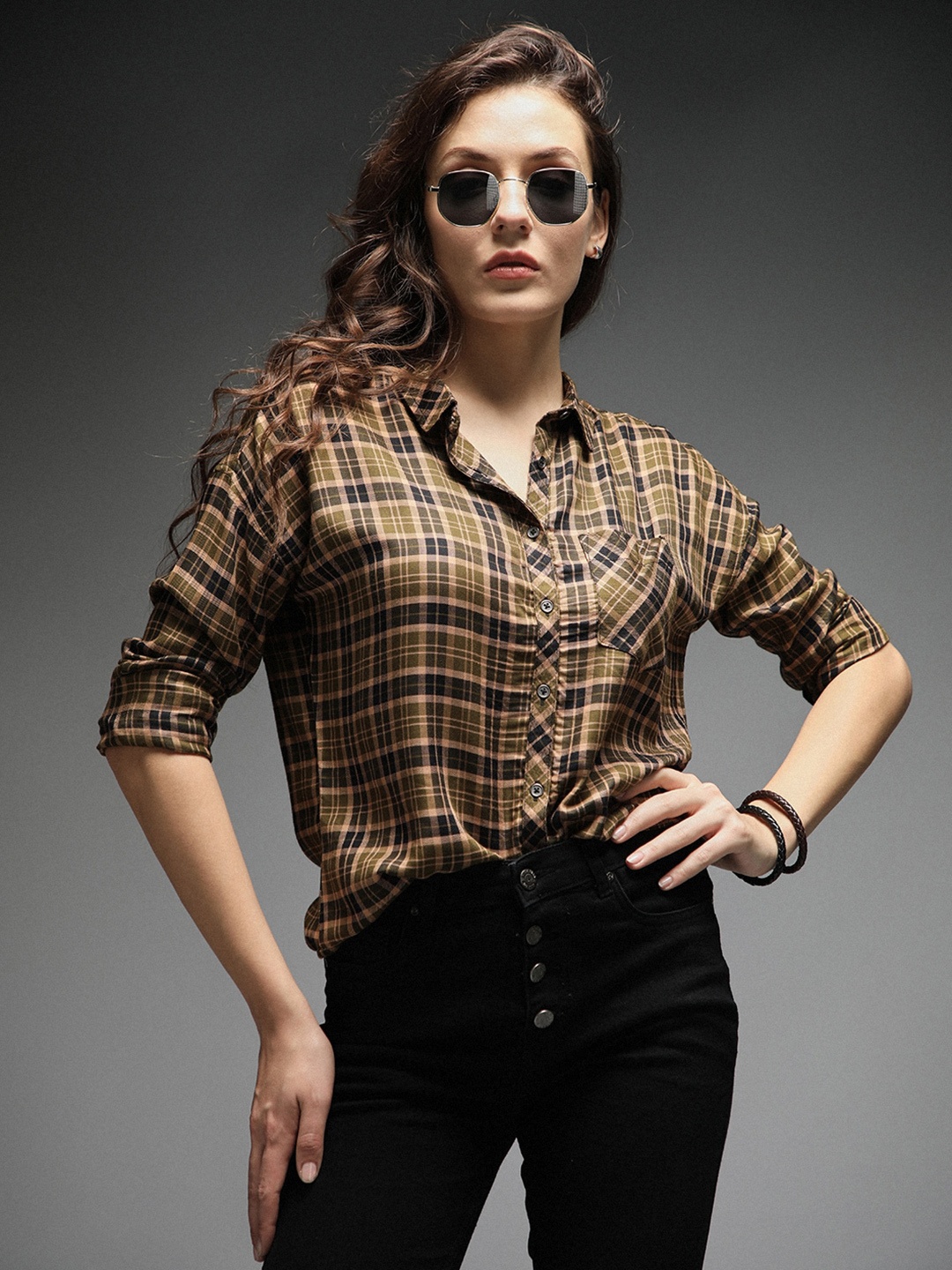

High Star Standard Tartan Checks Spread Collar Long Sleeves Cotton Casual Shirt, Olive