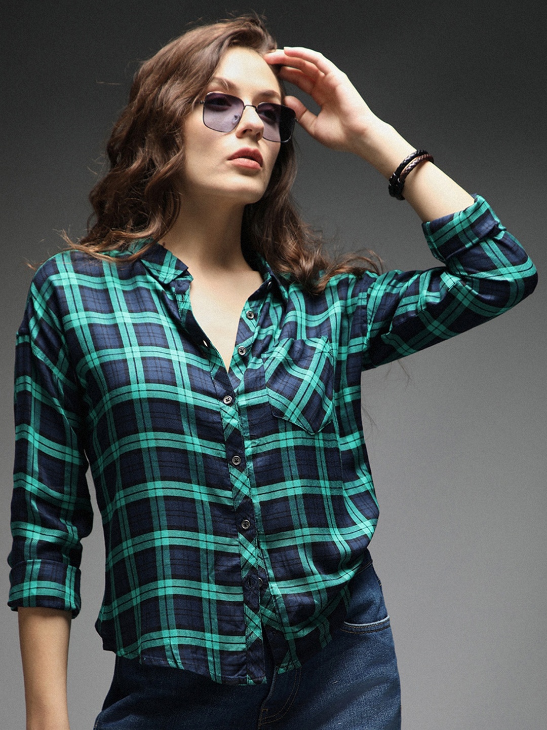 

High Star Standard Tartan Checks Spread Collar Long Sleeves Cotton Casual Shirt, Green