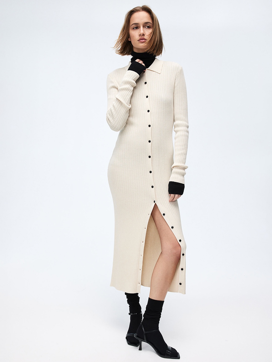

H&M Rib-Knit Button-Front Dress, White