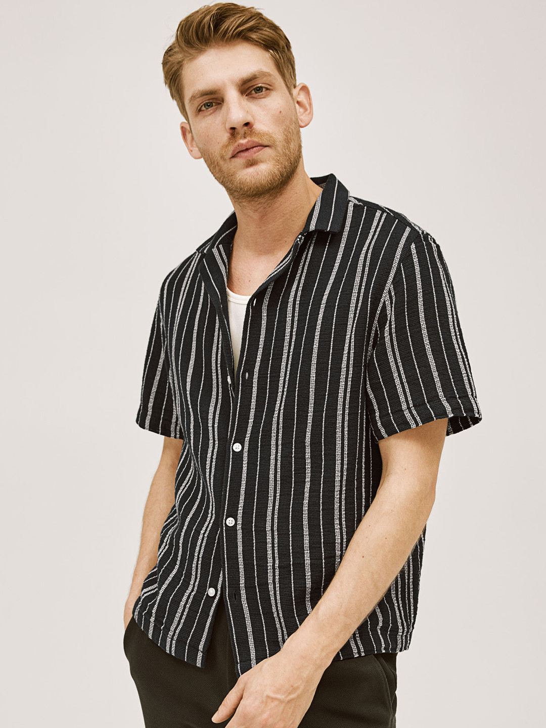 

H&M Regular Fit Textured-Knit Resort Shirt, Blue