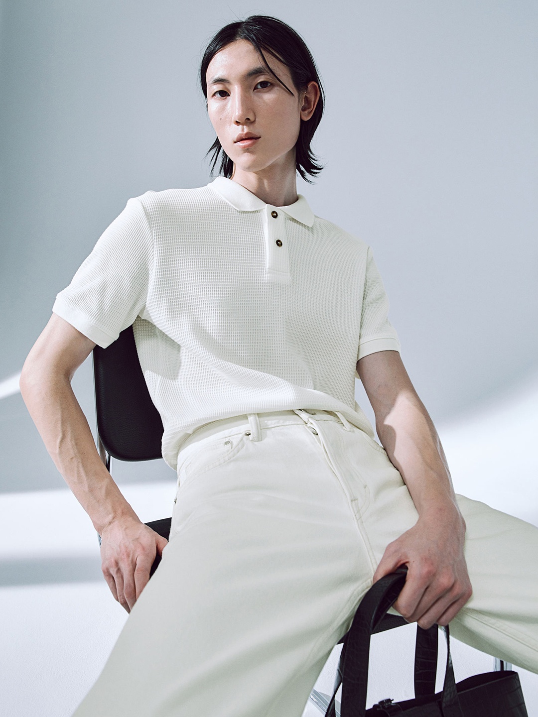 

H&M Slim-Fit Waffled Polo Shirt, White