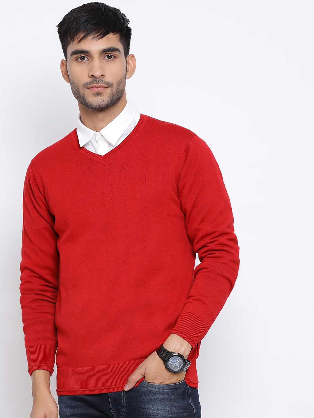 

Numero Uno V-Neck Cotton Pullover, Red