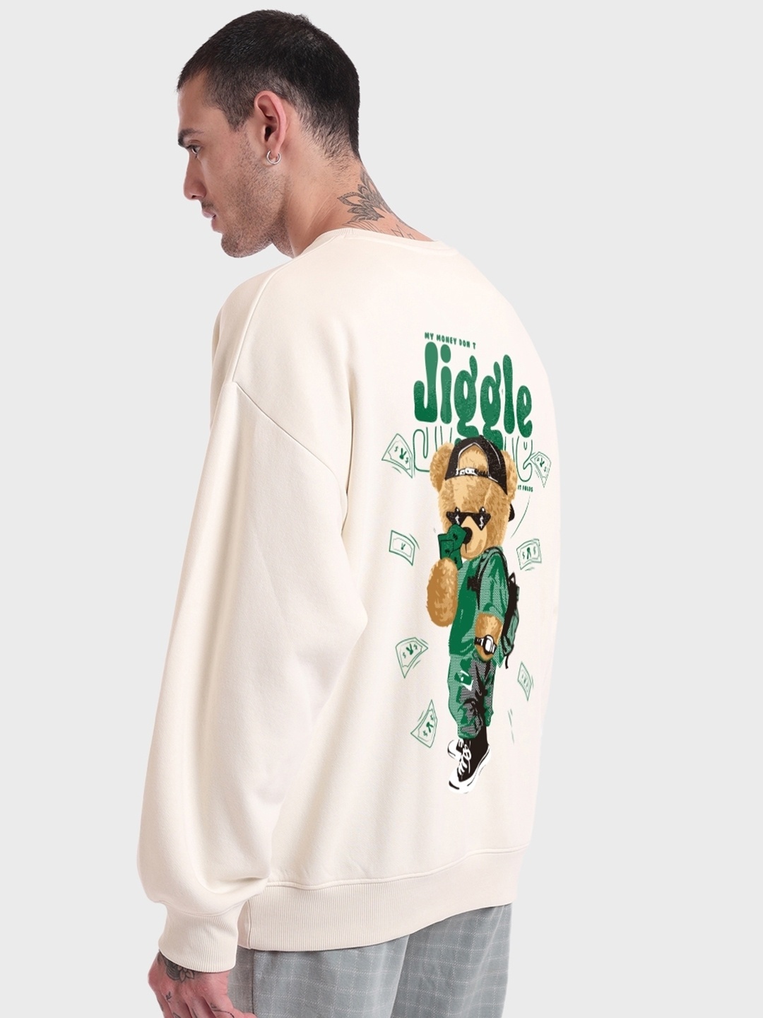 

Bewakoof (r) Men Gardenia Money Don't Jiggle Graphic Printed Oversized Sweatshirt, Beige