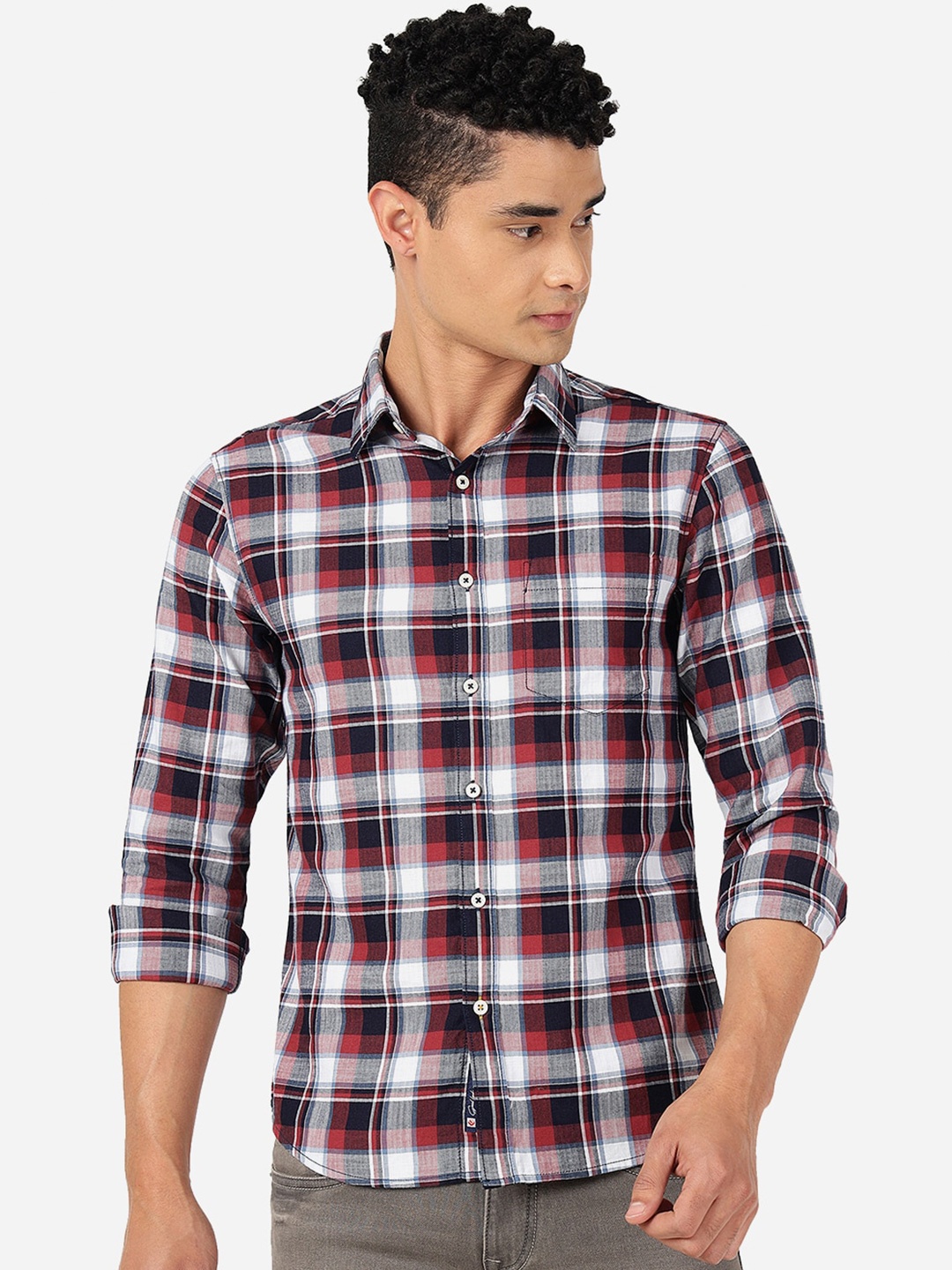 

Greenfibre Slim Fit Tartan Checked Pure Cotton Casual Shirt, Red