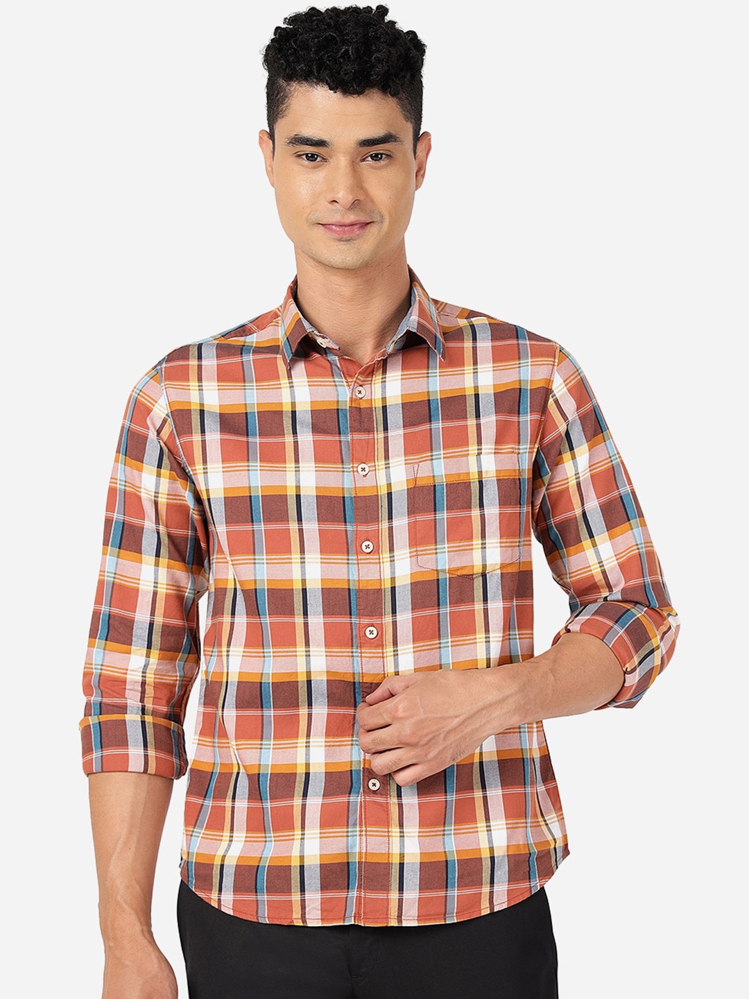 

Greenfibre Slim Fit Tartan Checked Pure Cotton Casual Shirt, Brown