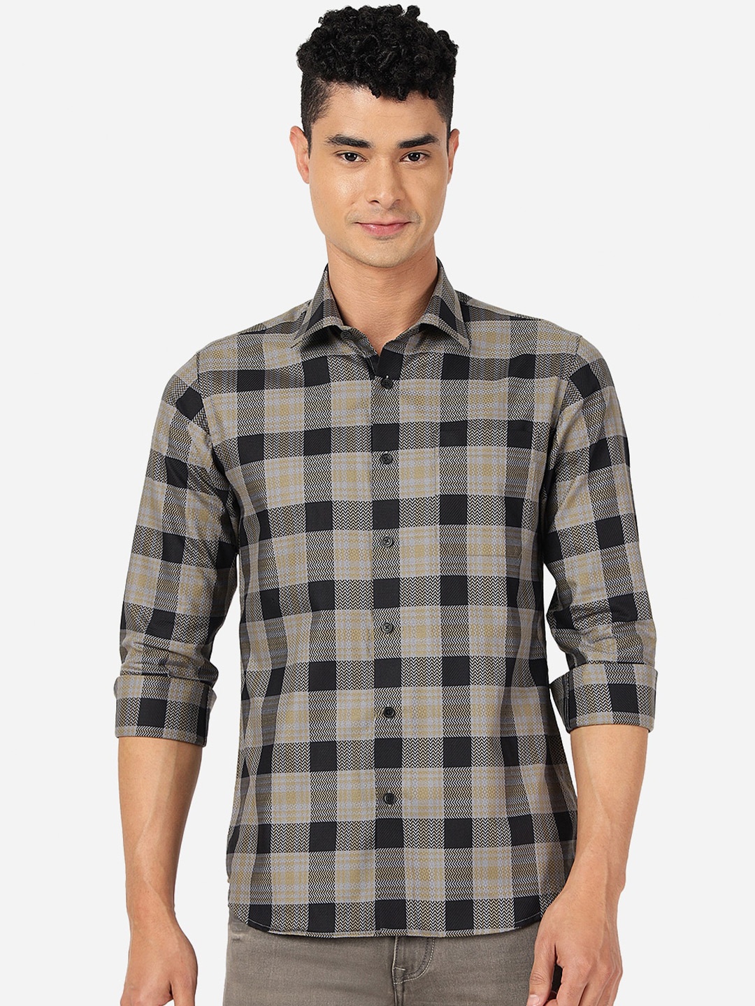 

JADE BLUE Slim Fit Checked Pure Cotton Casual Shirt, Brown