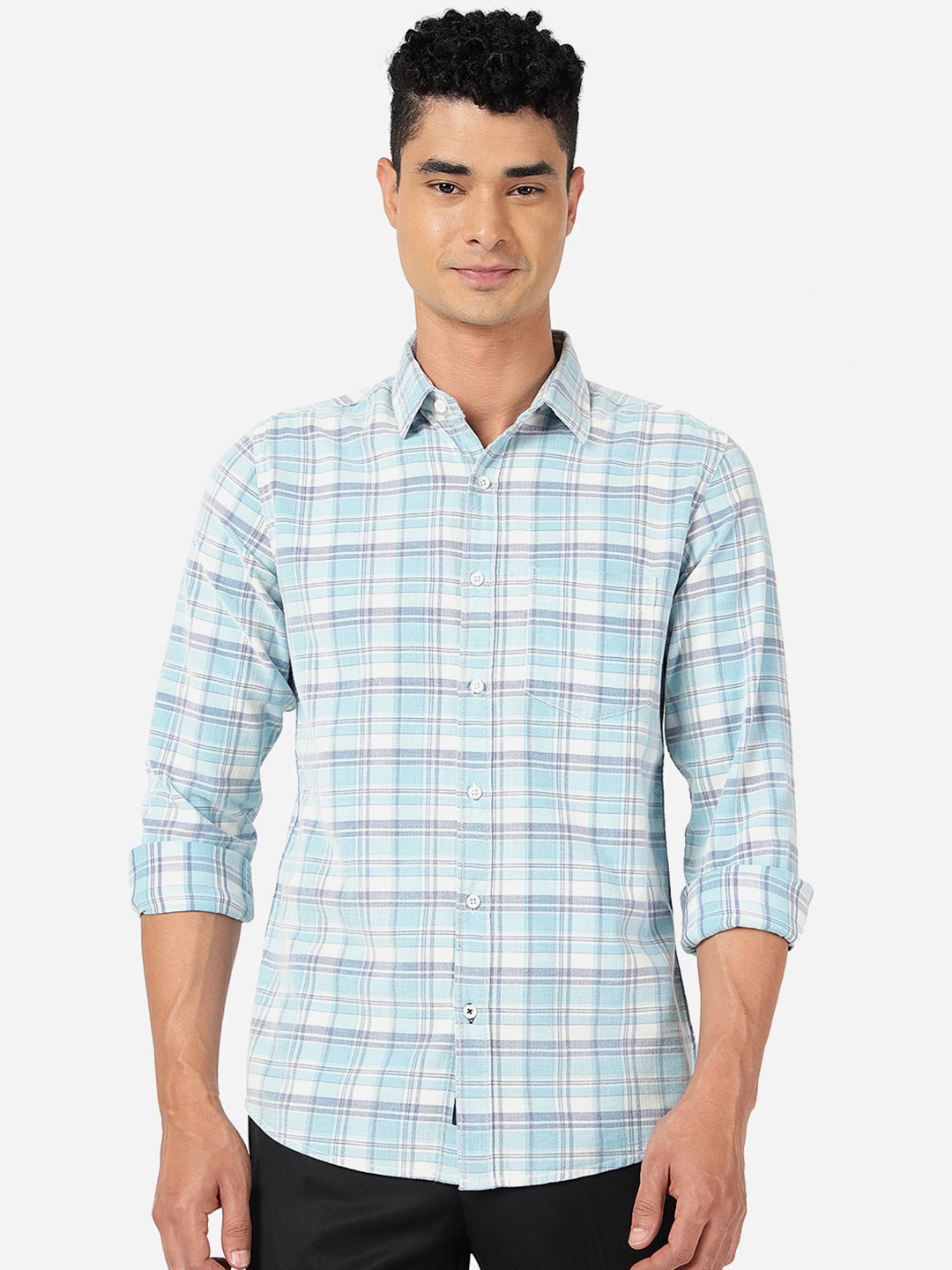

JADE BLUE Slim Fit Checked Spread Collar Long Sleeves Cotton Casual Shirt
