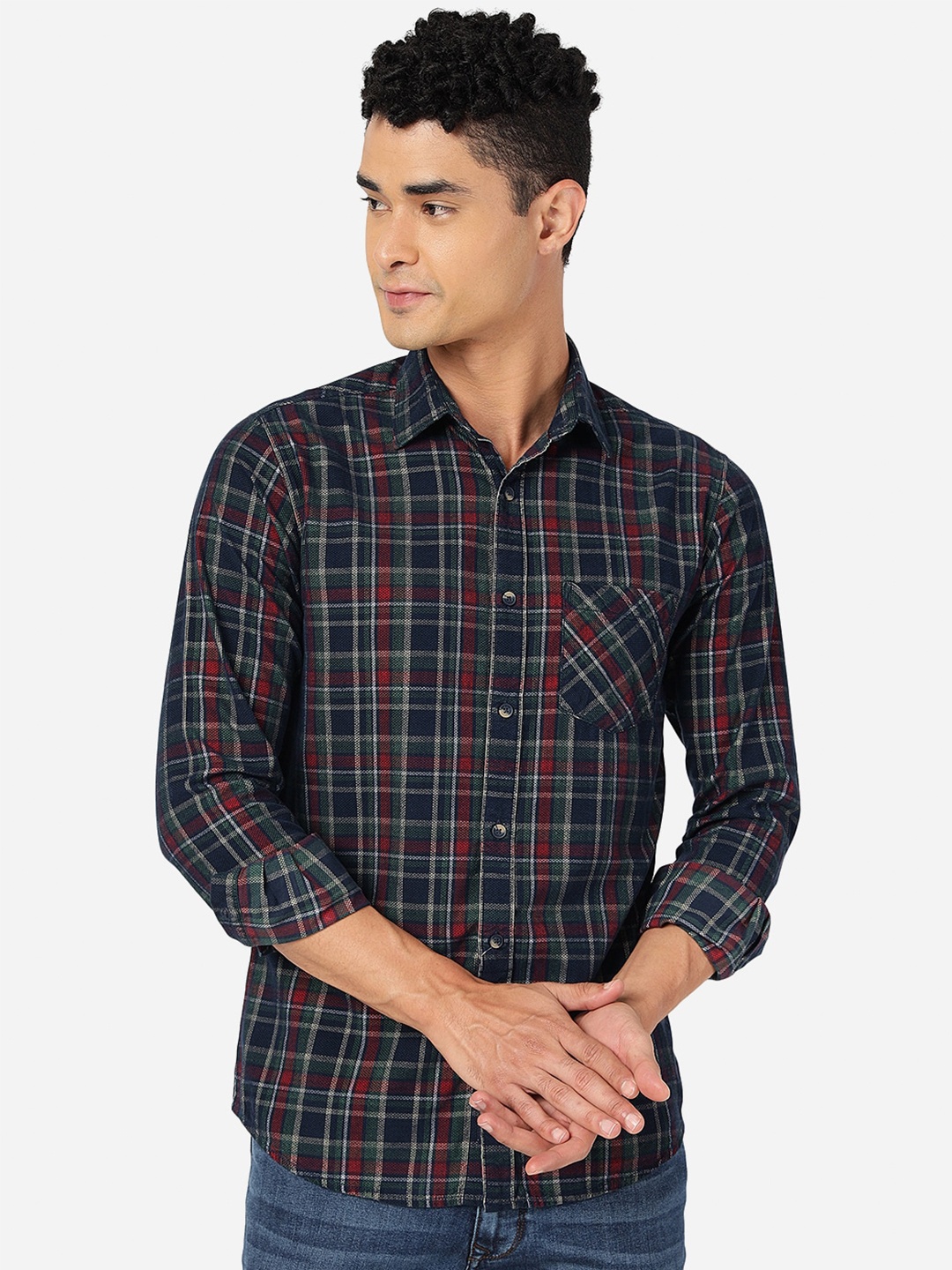 

JADE BLUE Slim Fit Checked Spread Collar Long Sleeves Cotton Casual Shirt