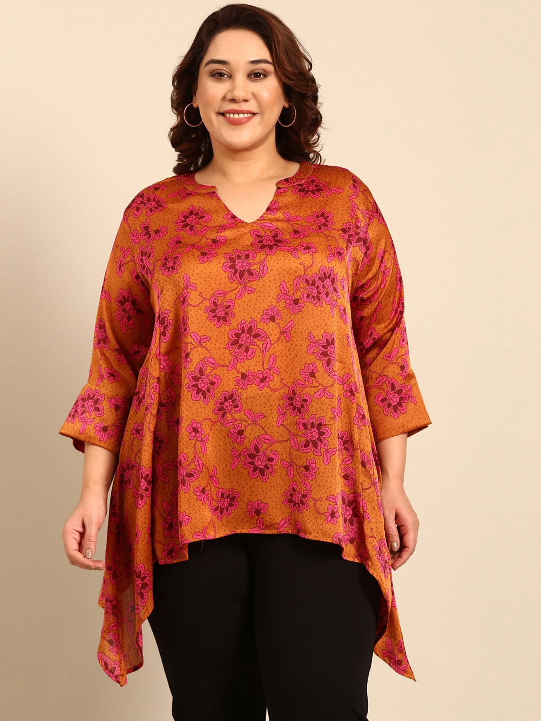 

The Pink Moon Plus Size Floral Printed Band collar A-Line Top, Gold
