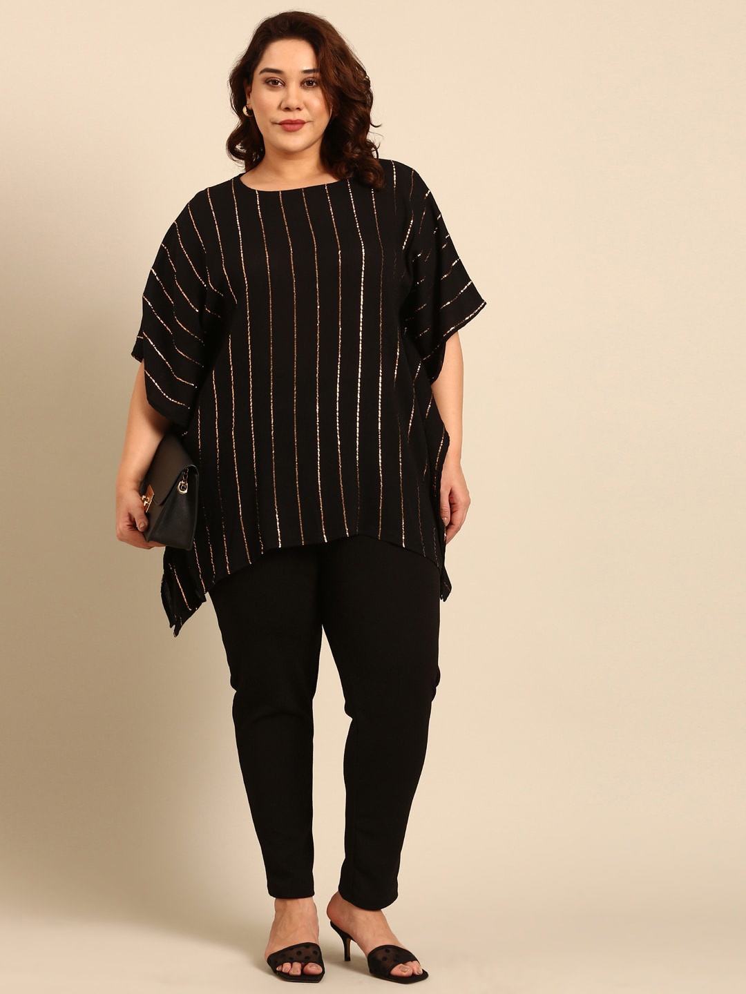 

The Pink Moon Plus Size Striped Woven Design Kimono Sleeve Kaftan Top, Black