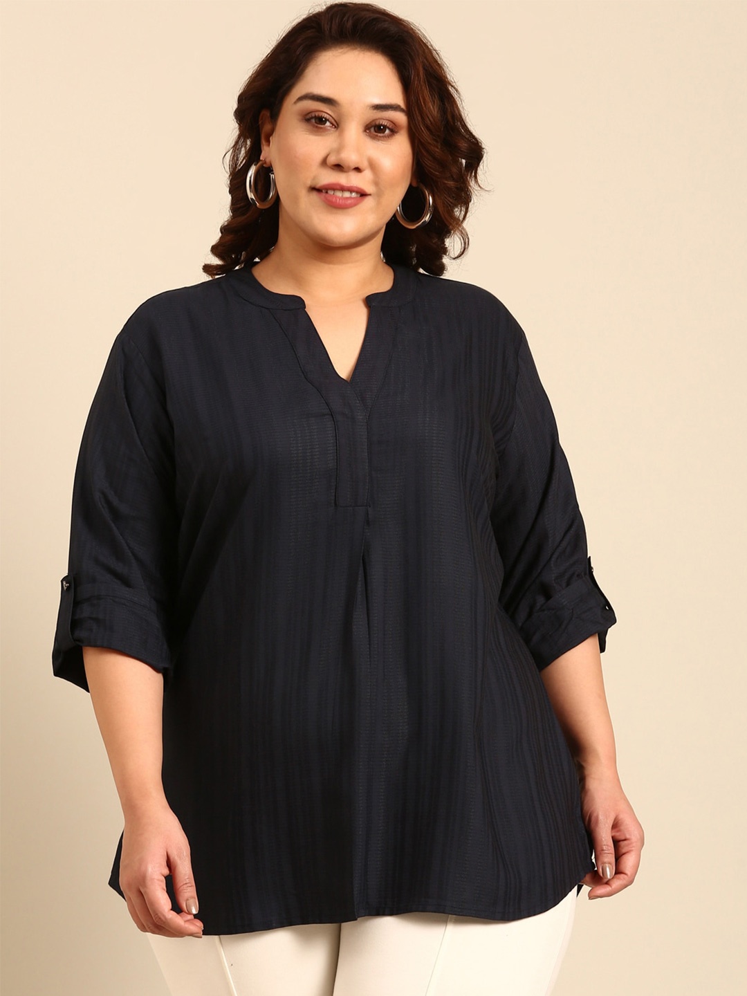 

The Pink Moon Plus Size Striped Woven Design Band Collar Roll Up Sleeves Top, Navy blue