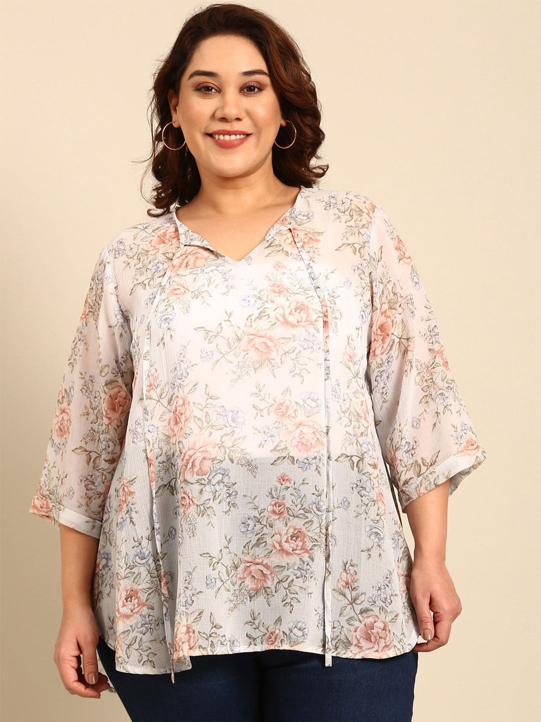 

The Pink Moon Plus Size Floral Printed Roll Up Sleeves Top, Blue