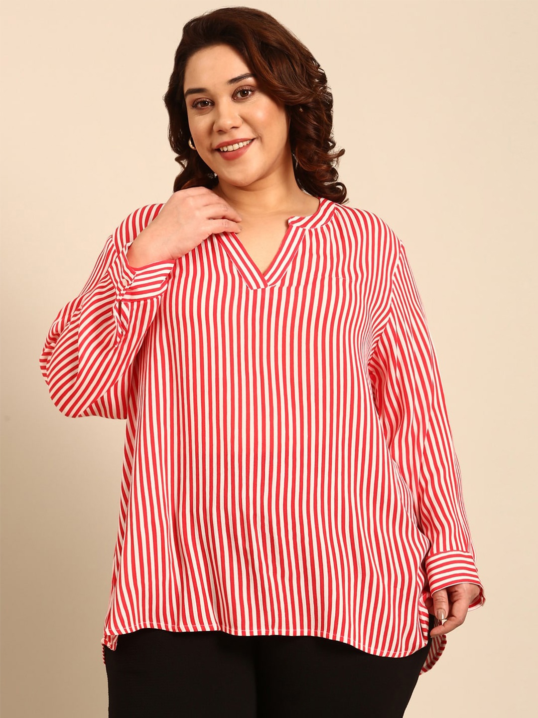 

The Pink Moon Plus Size Striped Band Collar Top, White