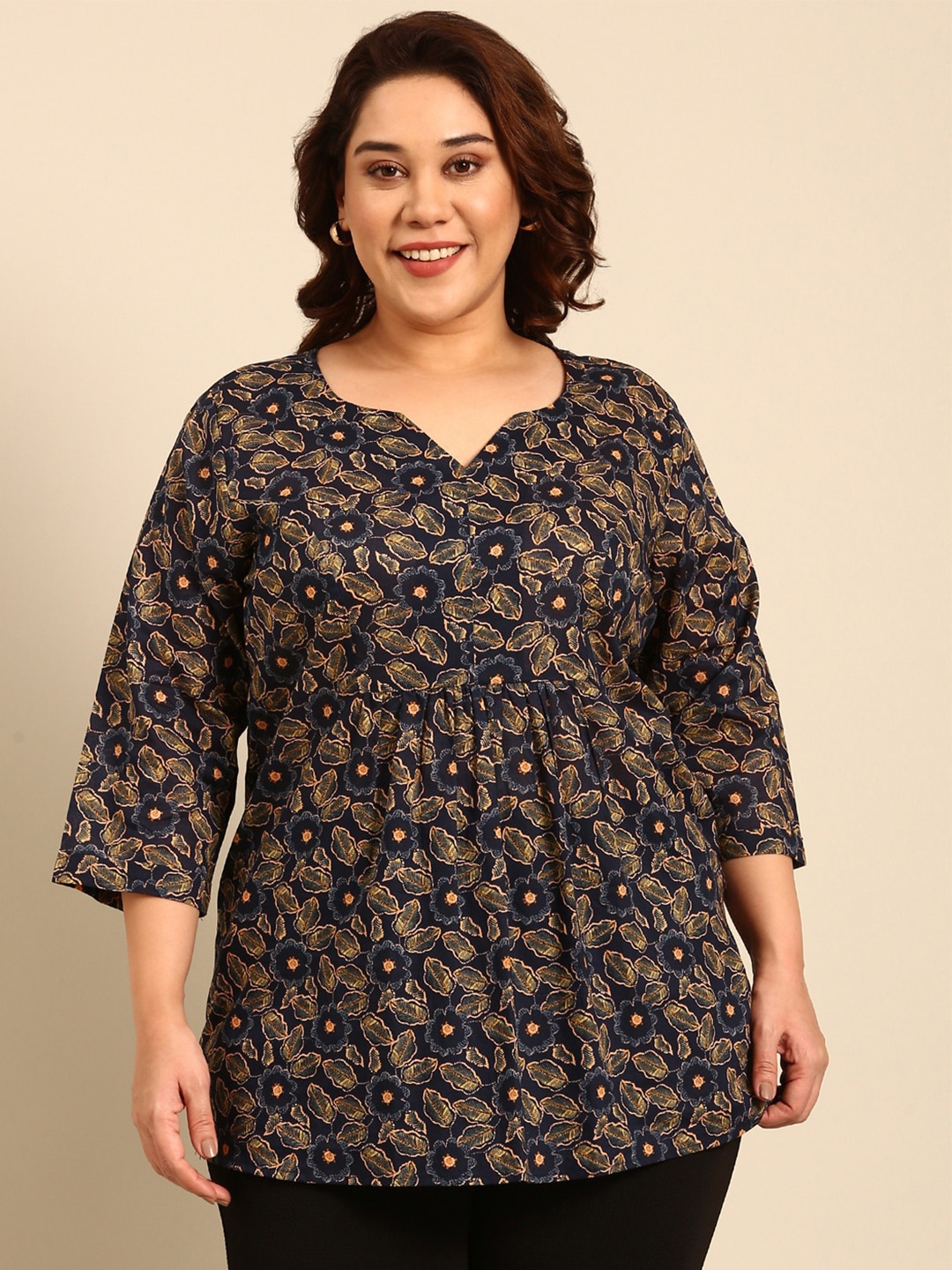 

The Pink Moon Plus Size Floral Printed Cotton Cinched Waist Top, Navy blue