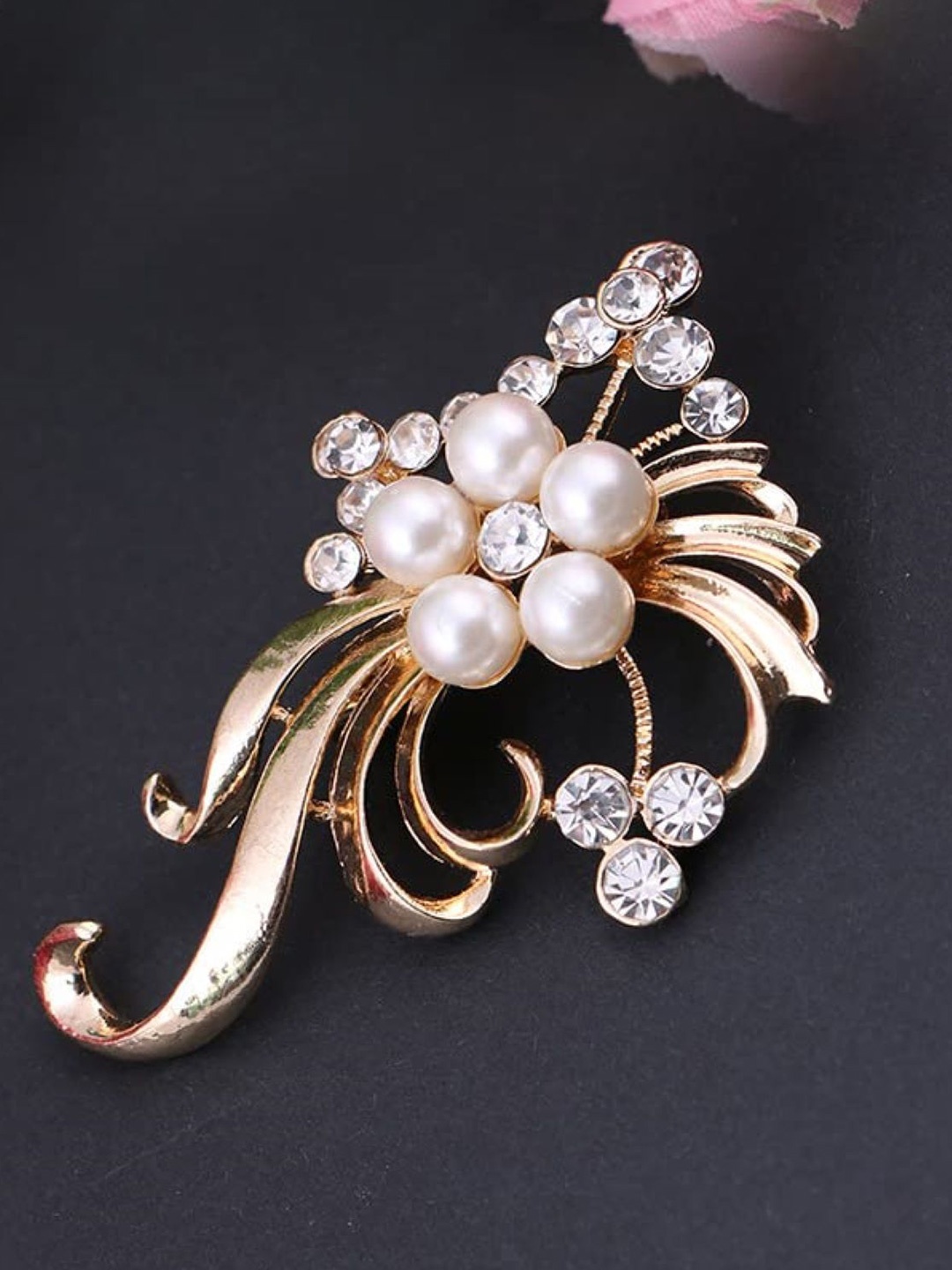 

SYGA Crystal-Studded & Pearl-Beaded Brooch, Gold